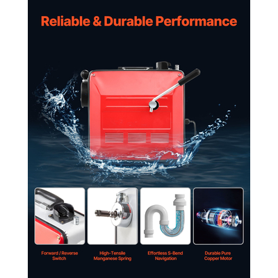 Μηχανή καθαρισμού αποχέτευσης VEVOR, ηλεκτρική μηχανή καθαρισμού αποχέτευσης σωλήνων 850W, τύπου Snake, με καλώδιο ελατηρίου χάλυβα 14,5mx 16mm, 14m x 22mm, 5m x 9,5mm, 0,4mx 12mm και 11 κόφτες, για σωλήνες διαμέτρου 50-200 mm.