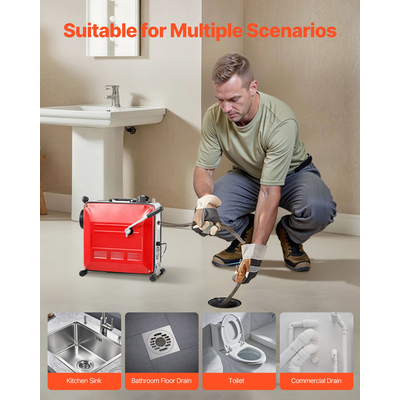 Μηχανή καθαρισμού αποχέτευσης VEVOR, ηλεκτρική μηχανή καθαρισμού αποχέτευσης σωλήνων 850W, τύπου Snake, με καλώδιο ελατηρίου χάλυβα 14,5mx 16mm, 14m x 22mm, 5m x 9,5mm, 0,4mx 12mm και 11 κόφτες, για σωλήνες διαμέτρου 50-200 mm.