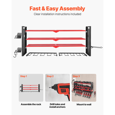 Οργάνωση ηλεκτρικών εργαλείων VEVOR για τοποθέτηση στον τοίχο, βάση αποθήκευσης 4 επιπέδων με 8 βάσεις τρυπανιών, βάση εργαλείων και βάση αποθήκευσης με πλαϊνά καρφιά, οργάνωση εργαλείων γκαράζ για γκαράζ, πάγκο εργασίας και εργαστήριο