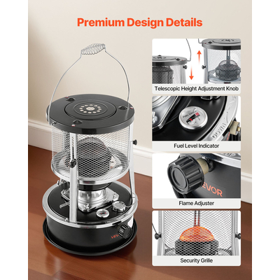 Φορητή θερμάστρα κηροζίνης και εστία VEVOR 9000 BTU, μη ηλεκτρική εσωτερική εξωτερική θερμάστρα 2 σε 1 με ρυθμιζόμενο ύψος και φλόγα και εύκολη αποθήκευση, για κατασκήνωση, κυνήγι, μαγείρεμα, σπίτι, γκαράζ, μαύρο