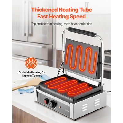 VEVOR Επαγγελματική Ψησταριά Panini, Ηλεκτρική Μηχανή Panini για Σάντουιτς 2200W, Πρέσα Σάντουιτς από Ανοξείδωτο Ατσάλι με Λαβή και Έλεγχο Θερμοκρασίας, Πλάκα από Σμάλτο 34x23 cm, για Χάμπουργκερ, Μοσχάρι και Μπέικον