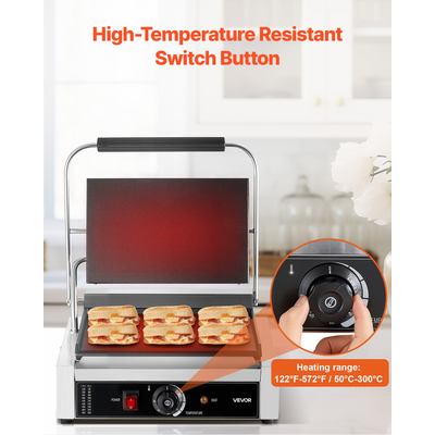 VEVOR Επαγγελματική Ψησταριά Panini, Ηλεκτρική Μηχανή Panini για Σάντουιτς 2200W, Πρέσα Σάντουιτς από Ανοξείδωτο Ατσάλι με Λαβή και Έλεγχο Θερμοκρασίας, Πλάκα από Σμάλτο 34x23 cm, για Χάμπουργκερ, Μοσχάρι και Μπέικον