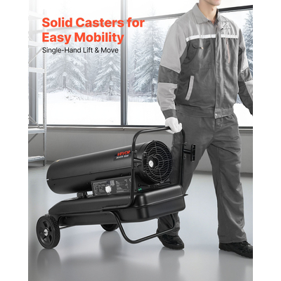 Θερμαντήρας κηροζίνης ντίζελ VEVOR 50kW με εξαναγκασμένο αέρα, φορητός θερμαντήρας χώρου τορπίλης με ρόδες και ρυθμιζόμενη θερμοκρασία, τύπου φυσητήρα για εργοτάξια/γκαράζ/αποθήκη/εργαστήριο/εξωτερική θέρμανση, μαύρο