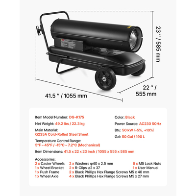 Θερμαντήρας κηροζίνης ντίζελ VEVOR 50kW με εξαναγκασμένο αέρα, φορητός θερμαντήρας χώρου τορπίλης με ρόδες και ρυθμιζόμενη θερμοκρασία, τύπου φυσητήρα για εργοτάξια/γκαράζ/αποθήκη/εργαστήριο/εξωτερική θέρμανση, μαύρο