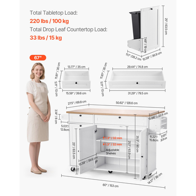 Καρότσι κουζίνας VEVOR με αποθηκευτικό χώρο, κινητό καρότσι κουζίνας πλάτους 153 cm με ρόδες, φύλλο πτώσης, 2 συρτάρια, ντουλάπι για κάδο απορριμμάτων, θήκη για μαχαίρια, βάση για μπαχαρικά και βάση για πετσέτες, τραπέζι για τραπεζαρία, ντουλάπι τροφίμων