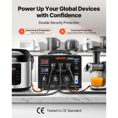 Μετασχηματιστής αυτόματου μετατροπέα τάσης VEVOR, 3000VA, Μετασχηματιστής ισχύος ανύψωσης/μείωσης βαρέως τύπου, 110V σε 220V και 220V σε 110V, με 3 πρίζες ΗΠΑ, 3 πρίζες ΕΕ, οθόνη LCD, προστασία διακόπτη κυκλώματος