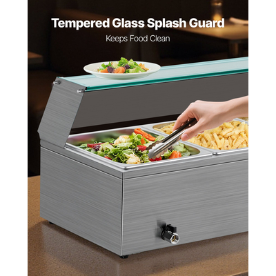 Θερμαντήρας φαγητού VEVOR Επαγγελματικός, Ηλεκτρικός θερμαντήρας φαγητού ατμού από ανοξείδωτο ατσάλι 1500W με γυάλινο κάλυμμα, Μπεν Μαρί Μπουφέ 3 Τηγανιών με Σούπα & Τρυπητές Κουτάλες, για Catering, Εστιατόριο & Πάρτι