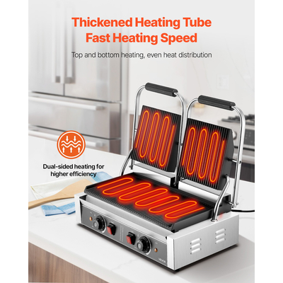 VEVOR Επαγγελματική Ψησταριά Panini, Ηλεκτρική Μηχανή Panini για Σάντουιτς 3600W, Διπλή Πρέσα Σάντουιτς από Ανοξείδωτο Ατσάλι, Έλεγχος Θερμοκρασίας Ψησταριάς Panini, Πλάκα από Σμάλτο με Πλήρεις Αυλακώσεις 48x23cm, για Χάμπουργκερ, Μοσχάρι και Μπέικον