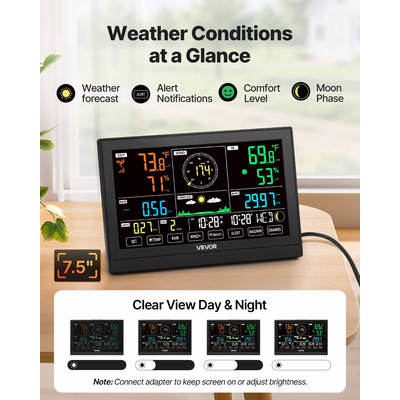 Μετεωρολογικός σταθμός VEVOR 7 σε 1 Wi-Fi με εφαρμογή APP, οθόνη VA 190,5 mm, ασύρματος αισθητήρας εξωτερικού χώρου με ηλιακή ενέργεια, βροχόμετρο, εσωτερικός/εξωτερικός χώρος για πρόγνωση καιρού, ταχύτητα ανέμου, θερμοκρασία, υγρασία, βροχόπτωση