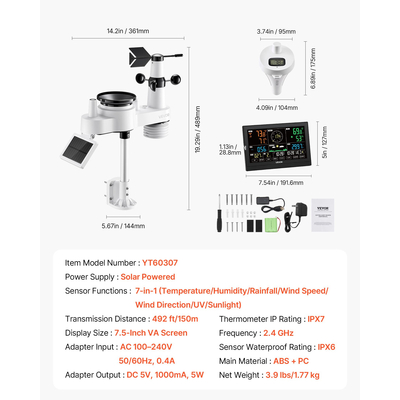 Μετεωρολογικός σταθμός VEVOR 7 σε 1 Wi-Fi με εφαρμογή, οθόνη 190,5 mm, ασύρματος ηλιακός αισθητήρας εξωτερικού χώρου, με θερμόμετρο πισίνας, βροχόμετρο, εσωτερική/εξωτερική πρόγνωση καιρού, ταχύτητα ανέμου, θερμοκρασία πισίνας