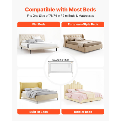 VEVOR Προστατευτικό Κάγκελο για Νήπια, Προστατευτικό Κάγκελο για Παιδικά Κρεβάτια με Ενισχυμένο Σιδερένιο Σωλήνα και Ύφασμα Oxford, Ρυθμιζόμενο Ύψος Πλαϊνού Κάγκελου για Κρεβάτια, Φορητό Προστατευτικό Κάγκελο για Κούνια, Κουκέτα, 1500 x 890 mm, 1 Τεμάχιο