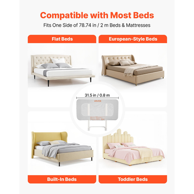 VEVOR Προστατευτικό Κάγκελο για Νήπια, Παιδικό Κάγκελο με Ενισχυμένο Σιδερένιο Σωλήνα και Ύφασμα Oxford, Ρυθμιζόμενο Ύψος Πλαϊνού Κάγκελου για Κούνια, Φορητό Προστατευτικό Κάγκελο για Κούνια, Κουκέτα, 800 x 670 mm, 1 Τεμάχιο