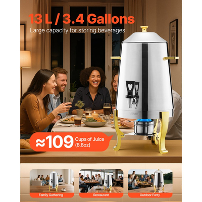 Διανομέας ποτών VEVOR από ανοξείδωτο ατσάλι, Διανομέας ποτών 13 λίτρων με καυστήρα αλκοόλης, Διανομείς ζεστών & κρύων ποτών με βρύση για καφέ, τσάι, ζεστό νερό, ιδανικός για εστιατόρια, ξενοδοχεία, πάρτι