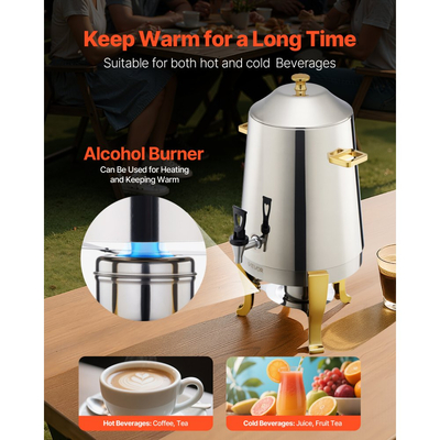 Διανομέας ποτών VEVOR από ανοξείδωτο ατσάλι, Διανομέας ποτών 13 λίτρων με καυστήρα αλκοόλης, Διανομείς ζεστών & κρύων ποτών με βρύση για καφέ, τσάι, ζεστό νερό, ιδανικός για εστιατόρια, ξενοδοχεία, πάρτι