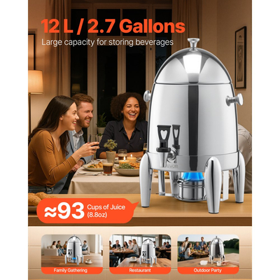 Διανομέας ποτών VEVOR από ανοξείδωτο ατσάλι, Διανομέας ποτών 12 λίτρων με καυστήρα αλκοόλης, Διανομείς ζεστών & κρύων ποτών για καφέ, τσάι, ζεστό νερό, με σωλήνα πάγου, για εστιατόρια, ξενοδοχεία, πάρτι