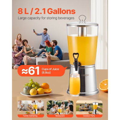 Διανομέας ποτών VEVOR, Διανομέας ποτών 8 λίτρων για πάρτι, Διανομείς χυμών από ανοξείδωτο ατσάλι + πλαστικό με θάλαμο πάγου με βρύση, Διανομείς νερού με παγωμένο τσάι, λεμονάδα και χυμό, για εστιατόρια, ξενοδοχεία