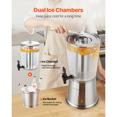 Διανομέας ποτών VEVOR, Διανομέας ποτών 8 λίτρων για πάρτι, Διανομείς χυμών από ανοξείδωτο ατσάλι + πλαστικό με θάλαμο πάγου με βρύση, Διανομείς νερού με παγωμένο τσάι, λεμονάδα και χυμό, για εστιατόρια, ξενοδοχεία