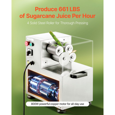 Εμπορικός αποχυμωτής ζαχαροκάλαμου VEVOR, ηλεκτρικός αποχυμωτής ζαχαροκάλαμου 800W με υψηλή απόδοση 300KG/H, 4 κυλίνδρους από ανοξείδωτο χάλυβα, στίφτης αποχυμωτής ζαχαροκάλαμου για οικιακή/επαγγελματική χρήση
