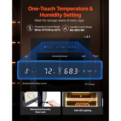 Ηλεκτρικός Υγραντήρας VEVOR, 60L, Ηλεκτρικός Υγραντήρας Πούρων 350 τεμαχίων με Ψύξη με Συμπιεστή, Σταθερό Έλεγχο Υγρασίας και Θερμοκρασίας, Ράφια & Συρτάρια από Ισπανικό Κέδρο, 3 Στρώσεις, για Οικιακή Χρήση