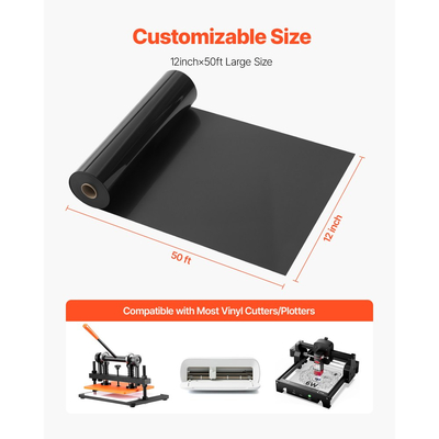 Βινύλιο μεταφοράς θερμότητας VEVOR, 304,8 x 15240mm, Γυαλιστερό μαύρο σίδερο HTV σε ρολό βινυλίου, εύκολο στην κοπή και το ξερίζωμα, ισχυρή πρόσφυση, συμβατό με μηχανές κοπής, για διάφορα υλικά, μπλουζάκια, μαξιλάρια, καπέλα