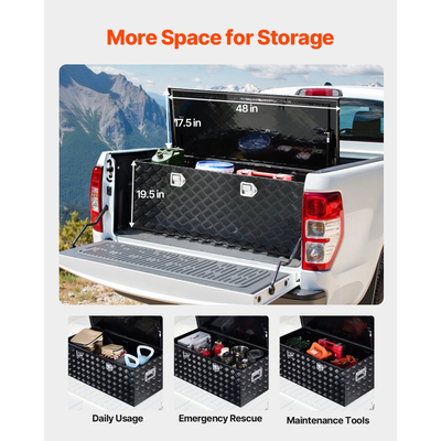Εργαλειοθήκη βαρέως τύπου αλουμινίου VEVOR, Ριγέ επιμεταλλωμένη εργαλειοθήκη με πλαϊνή λαβή και κλειδαριές, Οργανωτής μπαούλου για ρυμουλκούμενο, Pickup, 48"x19,5"x17,5"(1219,2x495,3x444,5mm), Μαύρο