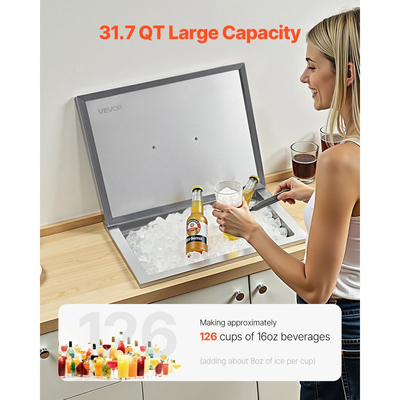 Ψυγείο πάγου VEVOR Drop-in, 20"Μ x 14"Π x 12"Υ (508 x 355 x 306 mm) από ανοξείδωτο ατσάλι, Επαγγελματικός κάδος πάγου 30L με καπάκι για εξωτερικούς χώρους, Συμπεριλαμβάνεται σετ σωλήνα αποστράγγισης, για κρύο κρασί και μπύρα