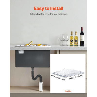 Ψυγείο πάγου VEVOR Drop-in, 20"Μ x 14"Π x 12"Υ (508 x 355 x 306 mm) από ανοξείδωτο ατσάλι, Επαγγελματικός κάδος πάγου 30L με καπάκι για εξωτερικούς χώρους, Συμπεριλαμβάνεται σετ σωλήνα αποστράγγισης, για κρύο κρασί και μπύρα