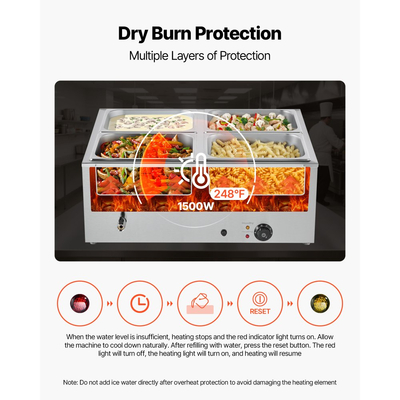 Θερμαντήρας φαγητού VEVOR Επαγγελματικός, Ηλεκτρικός θερμαντήρας φαγητού ατμού από ανοξείδωτο ατσάλι 1500W με καπάκι, Μπεν Μαρί Μπουφέ 4 Τηγανιών Γρήγορης Θέρμανσης με Σούπα & Τρυπητές Κουτάλες, για Catering, Εστιατόριο, Πάρτι
