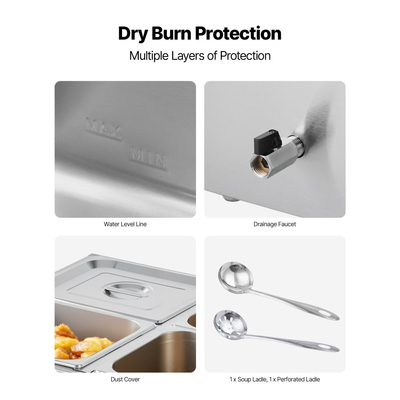 Θερμαντήρας φαγητού VEVOR Επαγγελματικός, Ηλεκτρικός θερμαντήρας φαγητού ατμού από ανοξείδωτο ατσάλι 1500W με καπάκι, Μπεν Μαρί Μπουφέ 4 Τηγανιών Γρήγορης Θέρμανσης με Σούπα & Τρυπητές Κουτάλες, για Catering, Εστιατόριο, Πάρτι