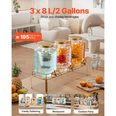 Διανομέας ποτών VEVOR, Συσκευασία 3 διανομέων ποτών 8L για πάρτι, Γυάλινος διανομέας χυμού με μεταλλική βάση, Βρύση από ανοξείδωτο ατσάλι, Εγχυτήρας, Διανομείς νερού με παγωμένο τσάι, λεμονάδα και χυμό για πάρτι