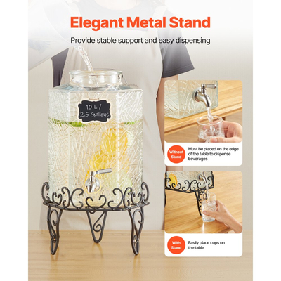 Διανομέας ποτών VEVOR, Διανομείς ποτών 10 λίτρων για πάρτι, Γυάλινος διανομέας χυμού με μεταλλική βάση, Βρύση από ανοξείδωτο ατσάλι, Διανομείς νερού με παγωμένο τσάι, λεμονάδα και χυμό για πάρτι