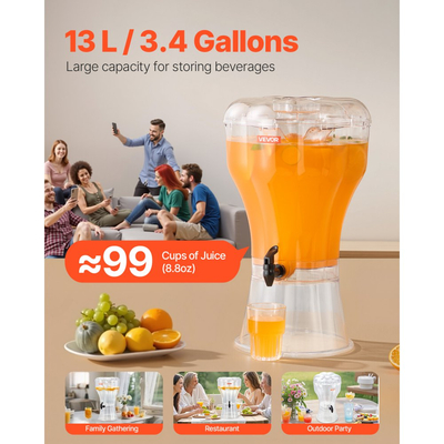 Διανομέας ποτών VEVOR, Διανομέας ποτών 13 λίτρων για πάρτι, Πλαστικοί διανομείς χυμών με βρύση χωρίς στάλαξη, Διανομείς νερού με παγωμένο τσάι, λεμονάδα και χυμό, για εστιατόρια, ξενοδοχεία, πάρτι
