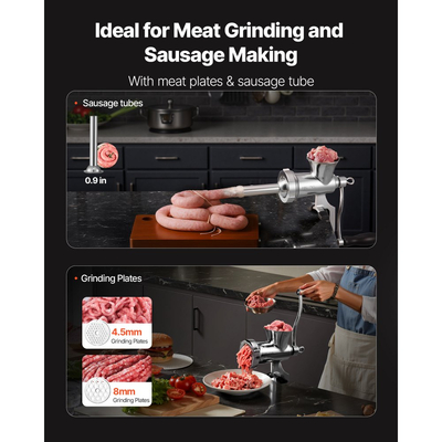 Χειροκίνητη μηχανή κοπής κιμά VEVOR, Κιμάς από ανοξείδωτο ατσάλι 304 με χειροκίνητο στρόφαλο και ατσάλινο σφιγκτήρα τραπεζιού, Γεμιστής λουκάνικου με 2 πλάκες κοπής και σωλήνα λουκάνικου, Μύλος κοπής τροφίμων για επιτραπέζια κουζίνα με μοσχάρι και τσίλι, χοιρινό