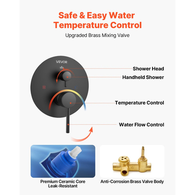 Σετ βρύσης ντους VEVOR, Σύστημα ντους μπάνιου βροχής με στρογγυλή κεφαλή ντους βροχής 8 ιντσών (20,3 cm) και φορητό ψεκαστήρα, Επιτοίχια φωτιστικά μπάνιου με ορειχάλκινη βαλβίδα και κιτ επένδυσης, Ματ μαύρο