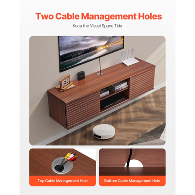 Βάση τηλεόρασης VEVOR Floating, Επιτοίχιο κέντρο ψυχαγωγίας 60" με ρυθμιζόμενο ράφι και συρόμενες πόρτες, Ράφι τηλεόρασης 2 επιπέδων με ντουλάπι αποθήκευσης για DVD player, δέκτη καλωδιακής τηλεόρασης, κονσόλα παιχνιδιών, καρυδιά