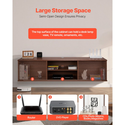 Βάση τηλεόρασης VEVOR Floating, Επιτοίχιο κέντρο ψυχαγωγίας 60" με ρυθμιζόμενο ράφι και συρόμενες πόρτες, Ράφι τηλεόρασης 2 επιπέδων με ντουλάπι αποθήκευσης για DVD player, δέκτη καλωδιακής τηλεόρασης, κονσόλα παιχνιδιών, καρυδιά