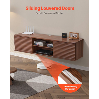 Βάση τηλεόρασης VEVOR Floating, Επιτοίχιο κέντρο ψυχαγωγίας 60" με ρυθμιζόμενο ράφι και συρόμενες πόρτες, Ράφι τηλεόρασης 2 επιπέδων με ντουλάπι αποθήκευσης για DVD player, δέκτη καλωδιακής τηλεόρασης, κονσόλα παιχνιδιών, καρυδιά