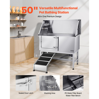 Σταθμός πλύσης σκύλου VEVOR από ανοξείδωτο ατσάλι, μπανιέρα περιποίησης κατοικίδιων 127 cm με ράμπα, πλακέτα φίλτρου νερού PE, βρύση & κεφαλή ντους & θήκη σαπουνιού για μπανιέρα σκύλου για μεγάλα, μεσαία & μικρά κατοικίδια (αριστερή πόρτα)