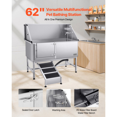 Σταθμός πλύσης σκύλου VEVOR από ανοξείδωτο ατσάλι, μπανιέρα περιποίησης κατοικίδιων 157,48 cm με ράμπα, πλακέτα φίλτρου νερού PE, βρύση & κεφαλή ντους & θήκη σαπουνιού για μπανιέρα σκύλου για μεγάλα, μεσαία & μικρά κατοικίδια (αριστερή πόρτα)
