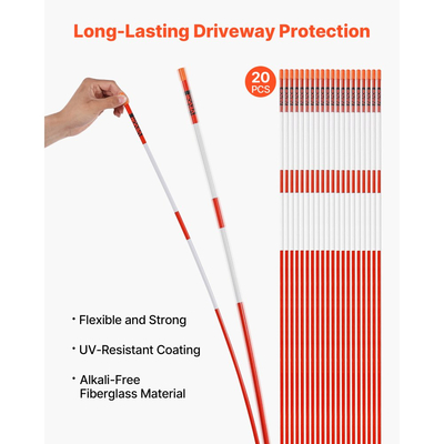 Δείκτες δρόμου VEVOR, 20 τεμάχια μήκους 147cm και διαμέτρου 7,87mm, ανακλαστήρες δρόμου υψηλής ορατότητας με τρυπάνια από χάλυβα 12 ιντσών, ανακλαστικά στύλοι χιονιού από υαλοβάμβακα για χώρους στάθμευσης, πεζόδρομους, άροση χιονιού