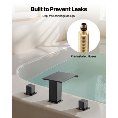 Βρύση μπανιέρας VEVOR Roman, Βρύση μπανιέρας με καταρράκτη 3 οπών, Σετ βρυσών μπανιέρας με 2 λαβές, Βρύσες μπανιέρας Roman για τοποθέτηση στο κατάστρωμα για πλύσιμο κατοικίδιων, Φροντίδα μωρού, Μπάνιο ενηλίκων, Ματ μαύρο, Ανοξείδωτο ατσάλι