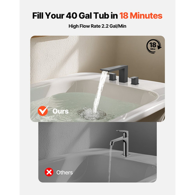 Βρύση μπανιέρας VEVOR Roman, Σετ βρυσών μπανιέρας με 2 λαβές, Βρύση μπανιέρας τύπου καταρράκτη Roman για πλύσιμο κατοικίδιων, Φροντίδα μωρού, Μπάνιο ενηλίκων, Ματ μαύρο, Ανοξείδωτο ατσάλι, Βρύσες μπανιέρας τύπου καταρράκτη 3 οπών