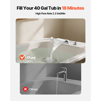 Βρύση μπανιέρας VEVOR Roman, Βρύση μπανιέρας με καταρράκτη 3 οπών, Σετ βρυσών μπανιέρας Roman με 2 λαβές, Σετ βρυσών μπανιέρας για πλύσιμο κατοικίδιων, Φροντίδα μωρού, Μπάνιο ενηλίκων, Ασημί, Διπλή ροή νερού