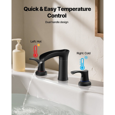 Βρύση μπανιέρας VEVOR Roman, Βρύση μπανιέρας με καταρράκτη 3 οπών, Σετ βρυσών μπανιέρας από κράμα ψευδαργύρου με 2 λαβές, Βρύσες μπανιέρας Roman για τοποθέτηση στο κατάστρωμα για πλύσιμο κατοικίδιων, Μπάνιο ενηλίκων, Ματ μαύρο, Έλεγχος θερμοκρασίας