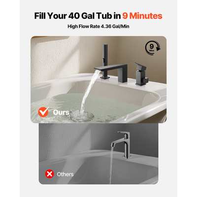 Βρύση μπανιέρας VEVOR Roman, Βρύση μπανιέρας με καταρράκτη 3 οπών, Σετ βρυσών μπανιέρας Roman με κεφαλή ντους και 1 λαβή, Σετ βρυσών μπανιέρας για φροντίδα μωρού, Ματ μαύρο, Ανοξείδωτο ατσάλι, Χωρίς στάξιμο