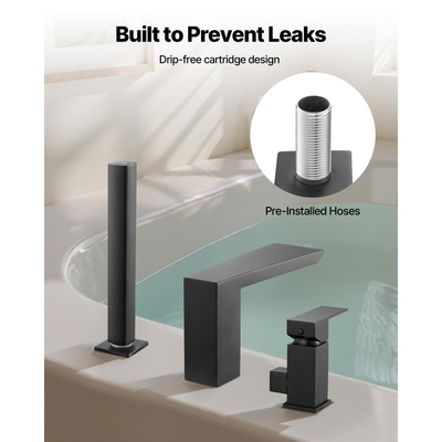 Βρύση μπανιέρας VEVOR Roman, Βρύση μπανιέρας με καταρράκτη 3 οπών, Σετ βρυσών μπανιέρας Roman με κεφαλή ντους και 1 λαβή, Σετ βρυσών μπανιέρας για φροντίδα μωρού, Ματ μαύρο, Ανοξείδωτο ατσάλι, Χωρίς στάξιμο