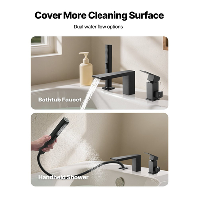 Βρύση μπανιέρας VEVOR Roman, Βρύση μπανιέρας με καταρράκτη 3 οπών, Σετ βρυσών μπανιέρας Roman με κεφαλή ντους και 1 λαβή, Σετ βρυσών μπανιέρας για φροντίδα μωρού, Ματ μαύρο, Ανοξείδωτο ατσάλι, Χωρίς στάξιμο