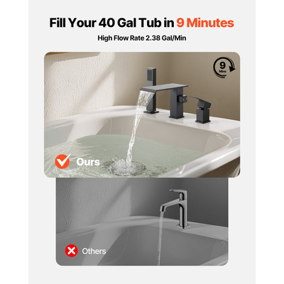 Βρύση μπανιέρας VEVOR Roman, Βρύση μπανιέρας με καταρράκτη 3 οπών, Σετ βρυσών μπανιέρας Roman με κεφαλή ντους και 1 λαβή, Σετ βρυσών μπανιέρας για μπάνιο ενηλίκων, Ματ μαύρο, Διπλές επιλογές ροής νερού