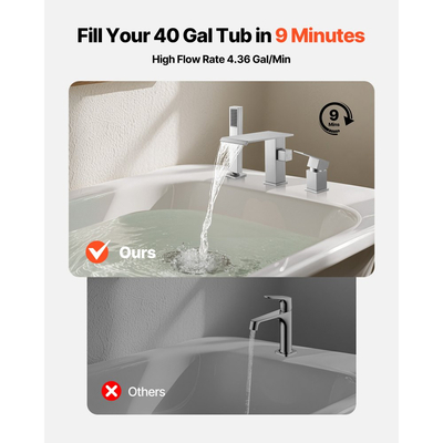 Βρύση μπανιέρας VEVOR Roman, Βρύση μπανιέρας με καταρράκτη 3 οπών, Βρύσες μπανιέρας Roman ευρείας χρήσης με κεφαλή ντους και 1 λαβή, Βρύσες μπανιέρας Roman για πλύσιμο κατοικίδιων, Μπάνιο ενηλίκων, Βουρτσισμένο ανοξείδωτο ατσάλι