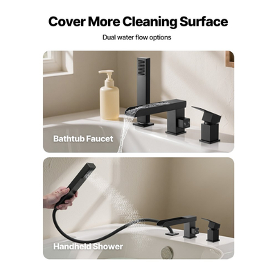 Βρύση μπανιέρας VEVOR Roman, Βρύση μπανιέρας με καταρράκτη 3 οπών, Βρύσες μπανιέρας Roman ευρείας χρήσης με κεφαλή ντους και 1 λαβή, Βρύσες μπανιέρας Roman για πλύσιμο κατοικίδιων, Μπάνιο ενηλίκων, Ματ μαύρο, Ανοξείδωτο ατσάλι